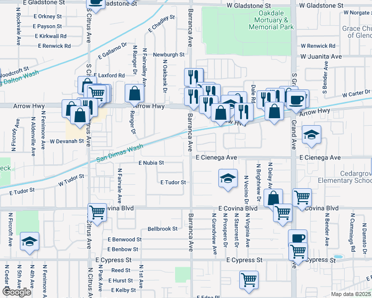 map of restaurants, bars, coffee shops, grocery stores, and more near 1335 Barranca Avenue in Covina