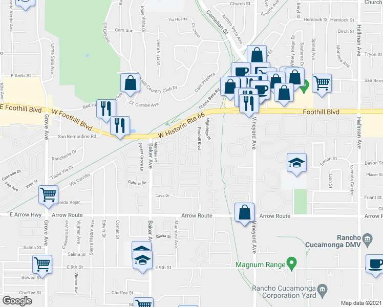 map of restaurants, bars, coffee shops, grocery stores, and more near 8651 Foothill Boulevard in Rancho Cucamonga
