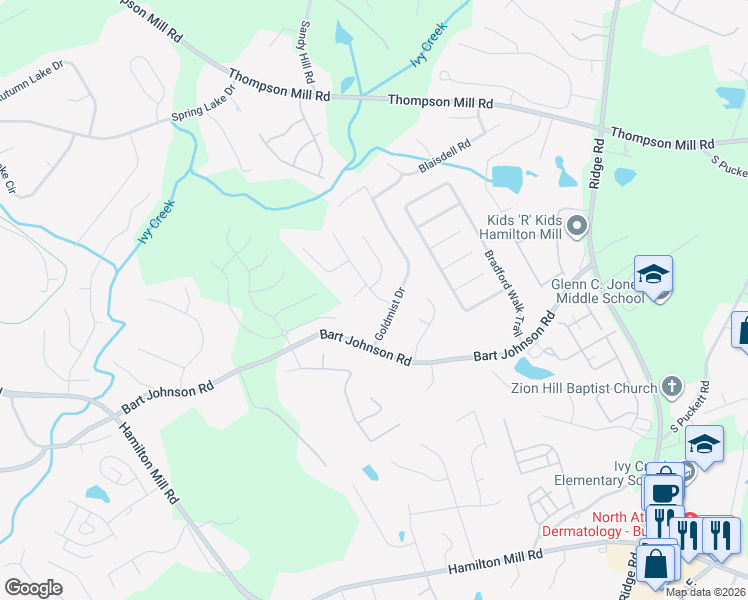 map of restaurants, bars, coffee shops, grocery stores, and more near 3646 Golden Ive Drive in Buford