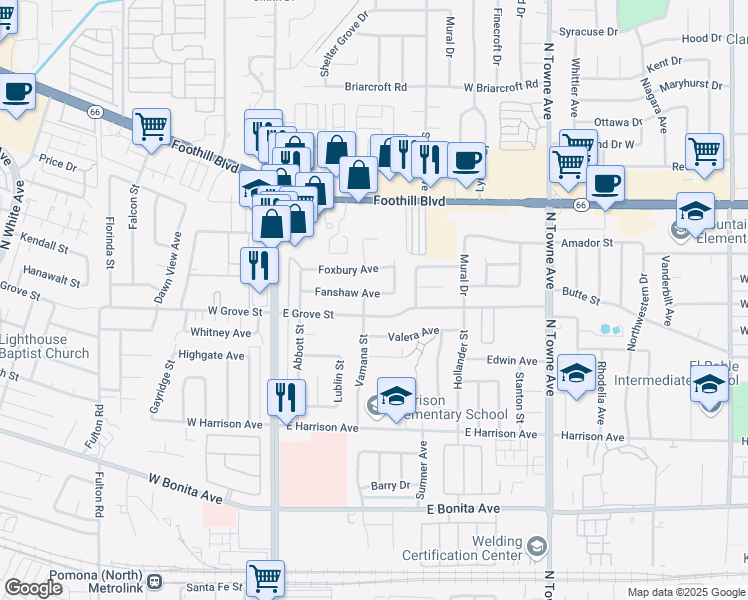 map of restaurants, bars, coffee shops, grocery stores, and more near 324 Fanshaw Avenue in Pomona