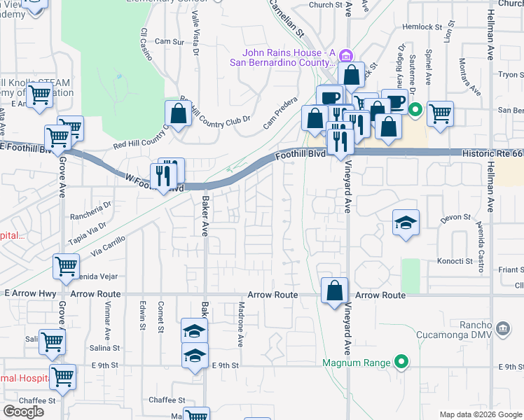map of restaurants, bars, coffee shops, grocery stores, and more near 8715 Timberwood Court in Rancho Cucamonga