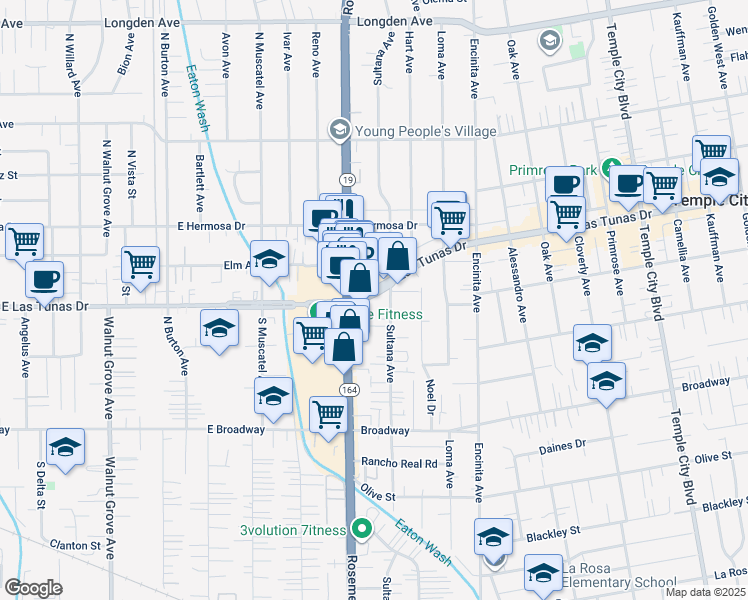 map of restaurants, bars, coffee shops, grocery stores, and more near 9038 East Las Tunas Drive in Temple City