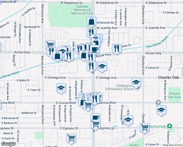map of restaurants, bars, coffee shops, grocery stores, and more near 1319 North Grand Avenue in Covina