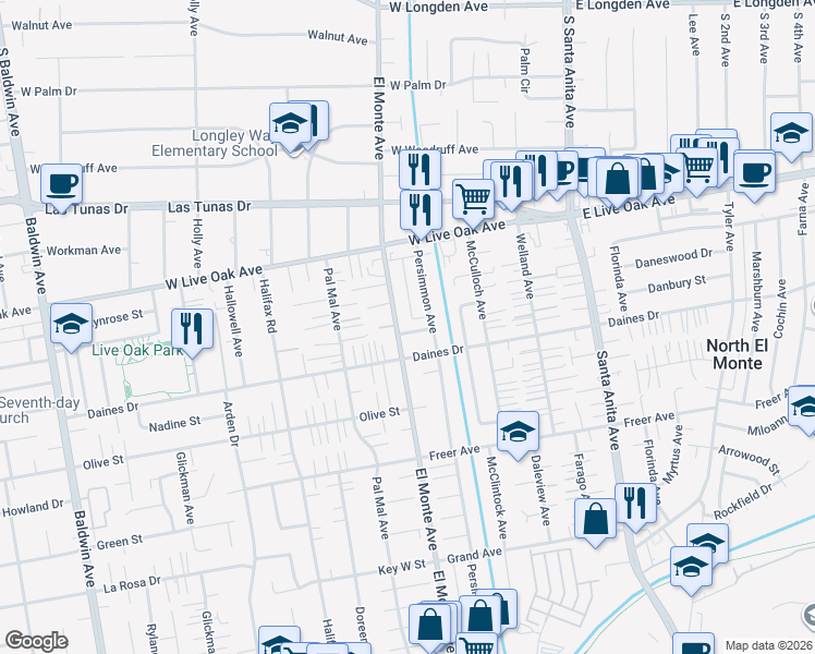 map of restaurants, bars, coffee shops, grocery stores, and more near 10709 Danbury Street in Temple City