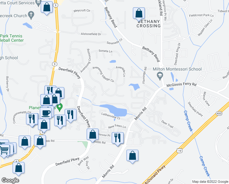 map of restaurants, bars, coffee shops, grocery stores, and more near 3511 Avensong Village Circle in Alpharetta