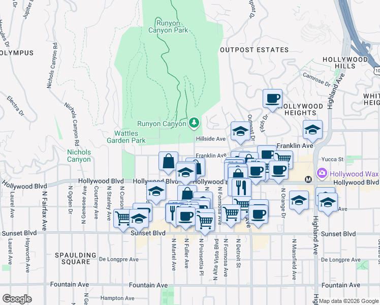 map of restaurants, bars, coffee shops, grocery stores, and more near 1800 Camino Palmero Street in Los Angeles