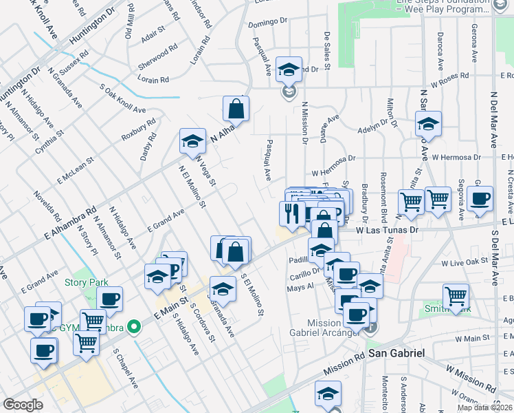 map of restaurants, bars, coffee shops, grocery stores, and more near Champion Place in Alhambra
