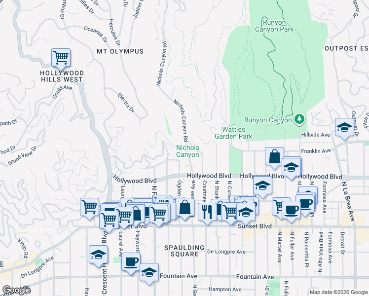 map of restaurants, bars, coffee shops, grocery stores, and more near 1805 Nichols Canyon Road in Los Angeles