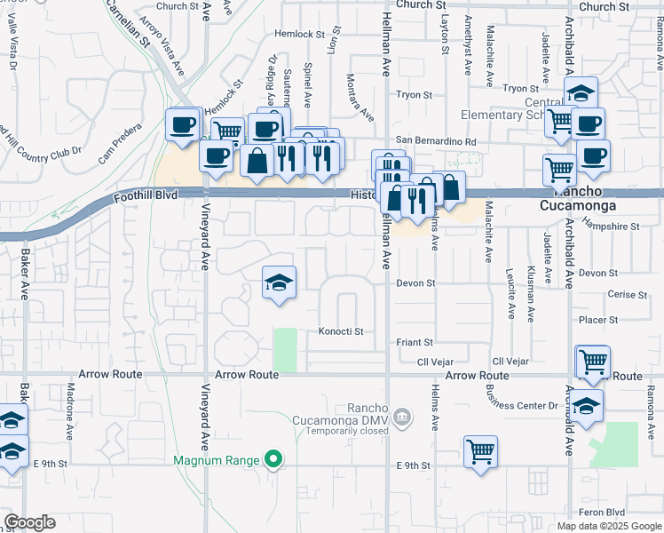 map of restaurants, bars, coffee shops, grocery stores, and more near 8265 Eastwood Avenue in Rancho Cucamonga