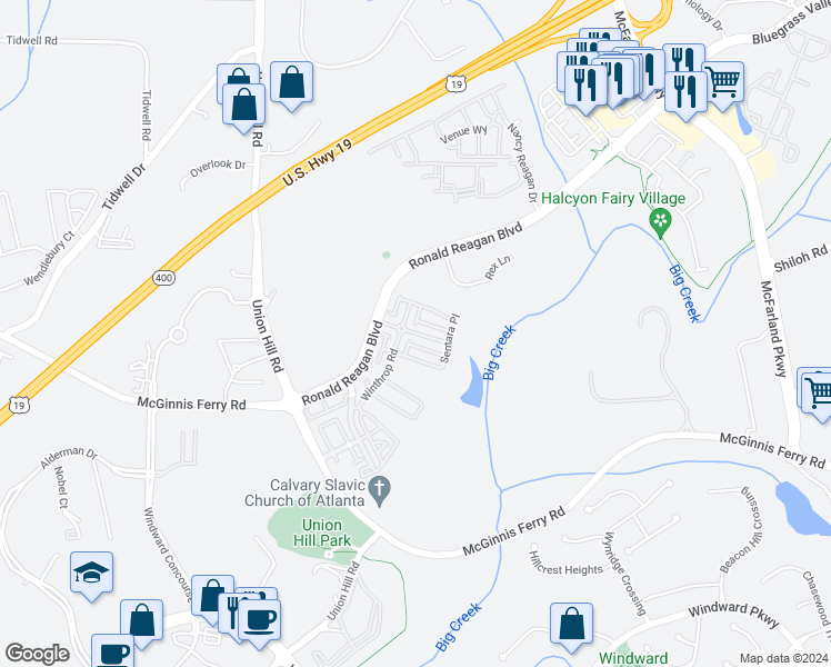 map of restaurants, bars, coffee shops, grocery stores, and more near Counselors Way in Alpharetta