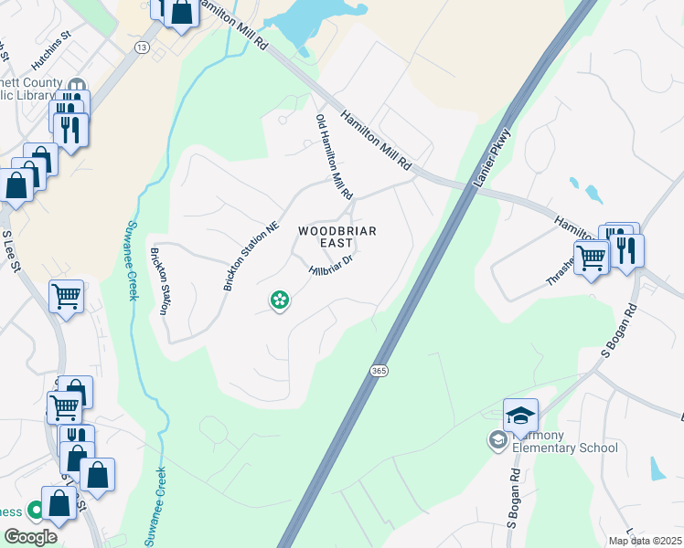 map of restaurants, bars, coffee shops, grocery stores, and more near 2265 Hillbriar Drive in Buford