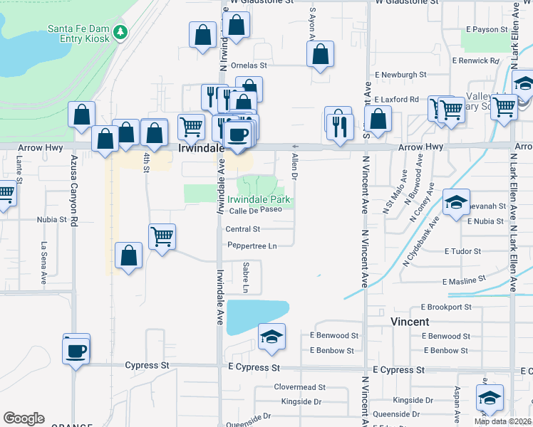 map of restaurants, bars, coffee shops, grocery stores, and more near 16106 Calle De Paseo in Irwindale