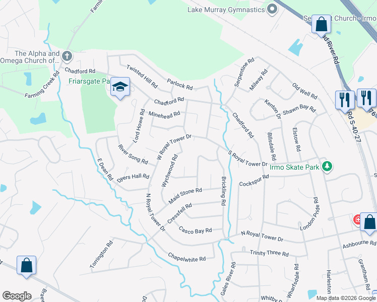 map of restaurants, bars, coffee shops, grocery stores, and more near 249 Wychwood Road in Irmo