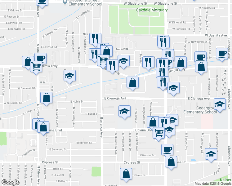 map of restaurants, bars, coffee shops, grocery stores, and more near 575 East Nubia Street in Covina