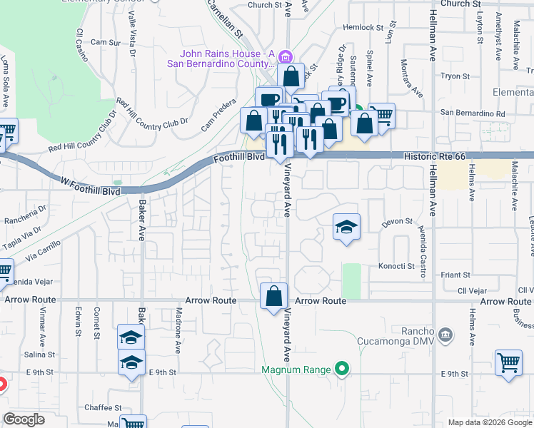 map of restaurants, bars, coffee shops, grocery stores, and more near 8250 Vineyard Avenue in Rancho Cucamonga