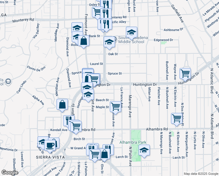 map of restaurants, bars, coffee shops, grocery stores, and more near in South Pasadena