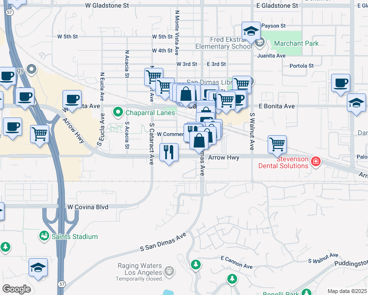map of restaurants, bars, coffee shops, grocery stores, and more near 135 West Nubia Street in San Dimas