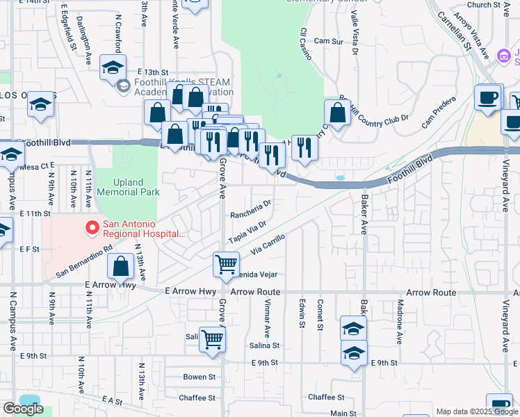 map of restaurants, bars, coffee shops, grocery stores, and more near 8248 Red Hill Country Club Drive in Rancho Cucamonga