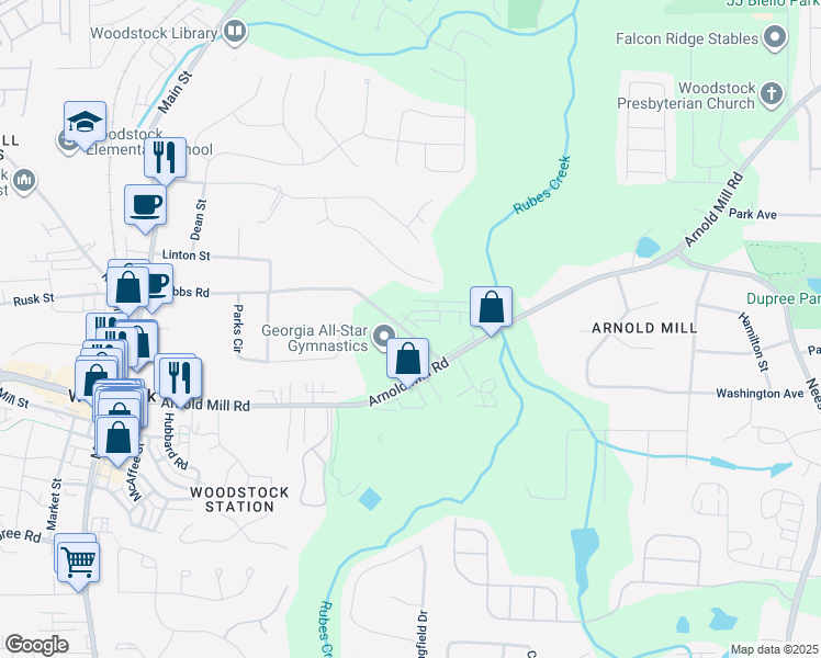 map of restaurants, bars, coffee shops, grocery stores, and more near 689 Dobbs Road in Woodstock