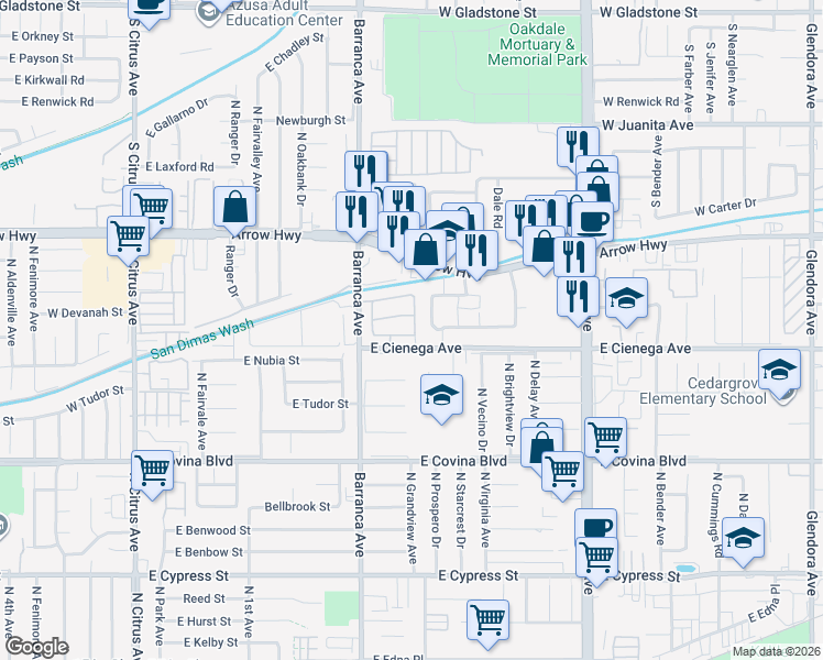 map of restaurants, bars, coffee shops, grocery stores, and more near 575 East Nubia Street in Covina