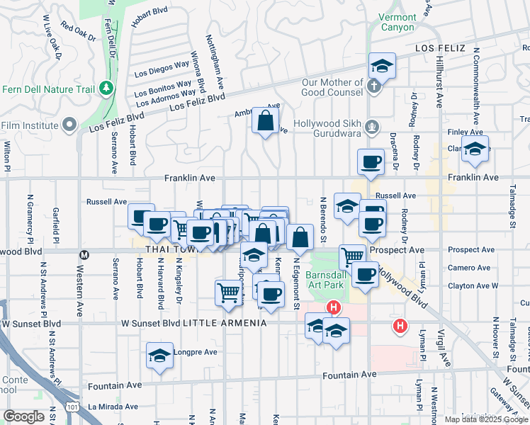 map of restaurants, bars, coffee shops, grocery stores, and more near 1815 North Kenmore Avenue in Los Angeles