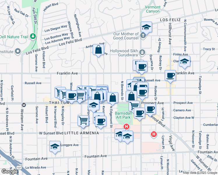 map of restaurants, bars, coffee shops, grocery stores, and more near 1801 North Edgemont Street in Los Angeles