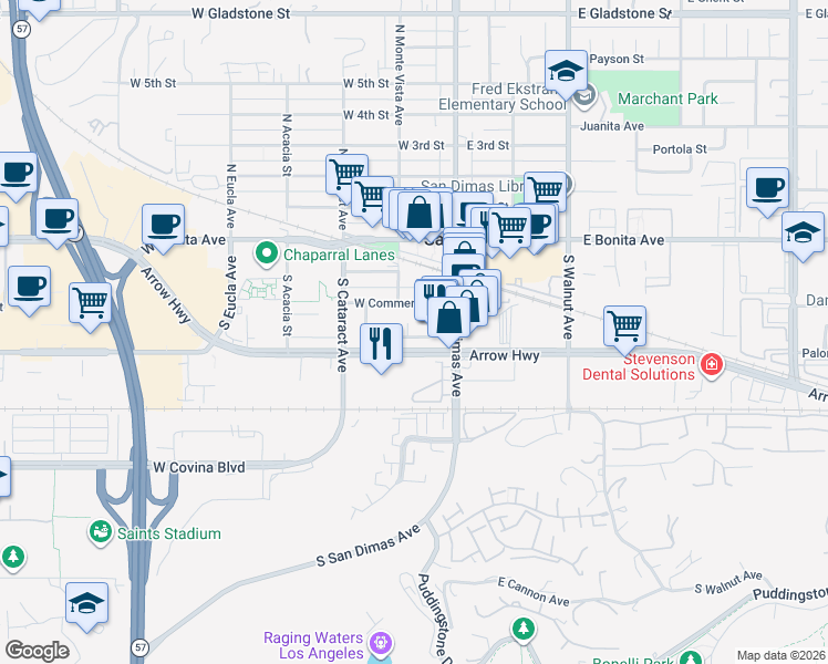 map of restaurants, bars, coffee shops, grocery stores, and more near 135 West Nubia Street in San Dimas