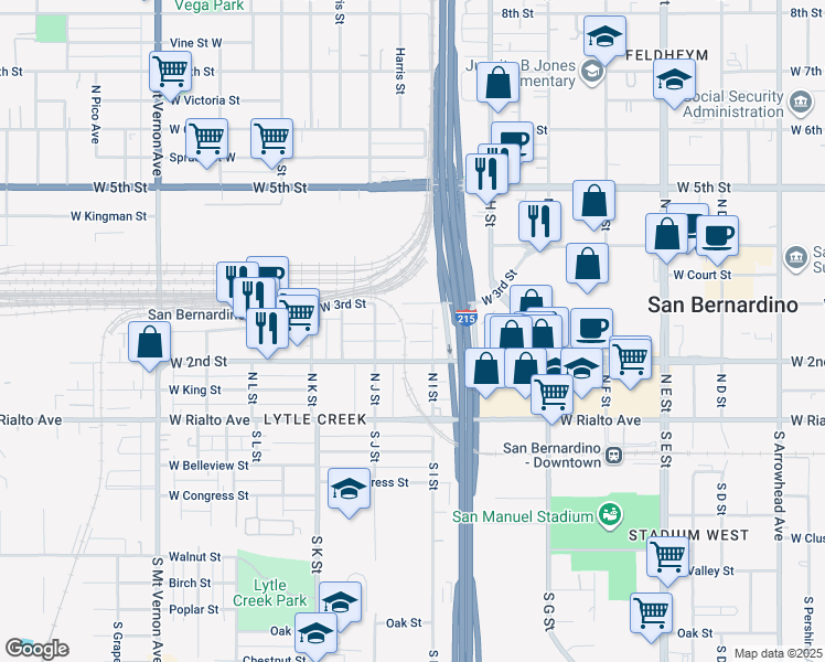 map of restaurants, bars, coffee shops, grocery stores, and more near North Campus Avenue in San Bernardino County