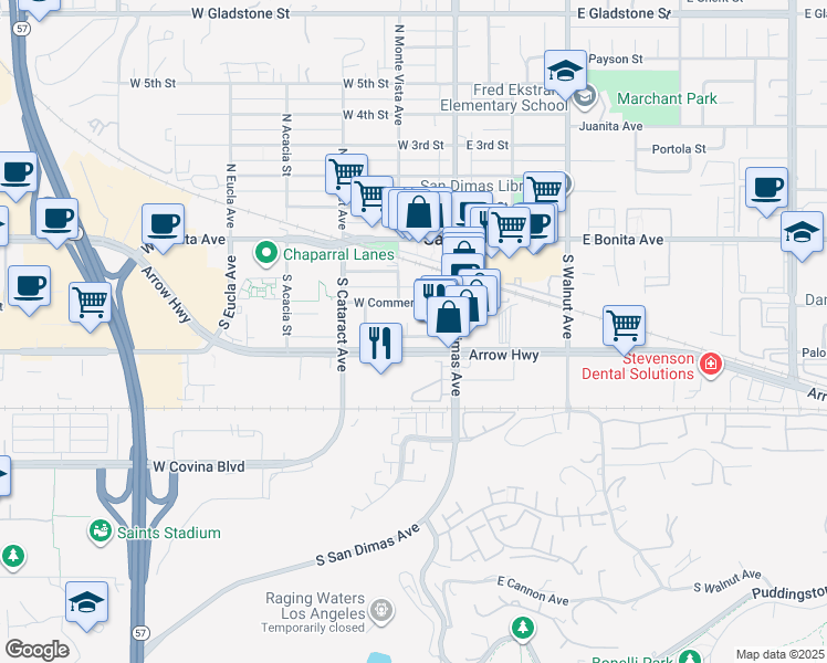 map of restaurants, bars, coffee shops, grocery stores, and more near 135 West Nubia Street in San Dimas