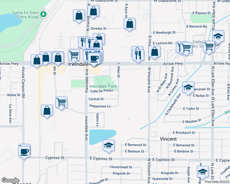 map of restaurants, bars, coffee shops, grocery stores, and more near 16154 Calle De Paseo in Irwindale