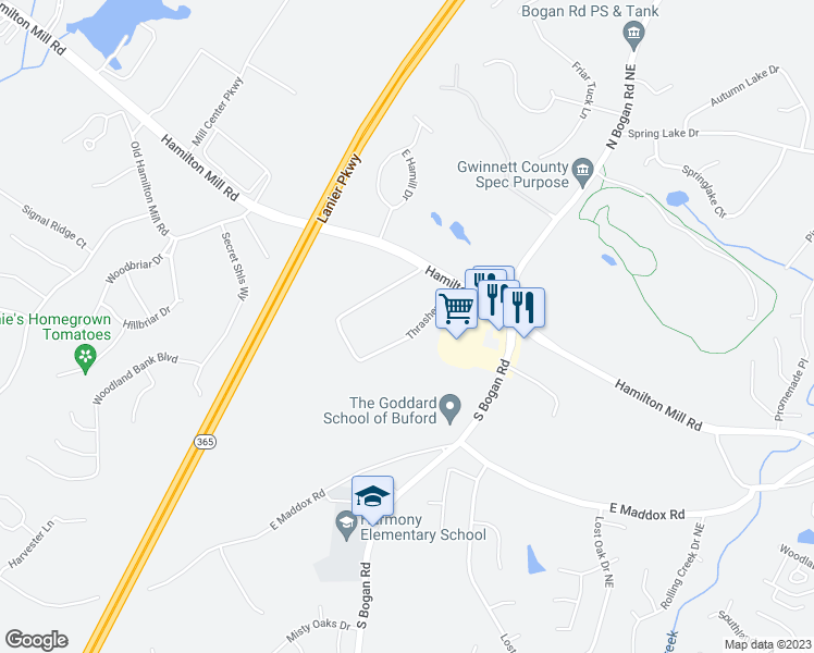 map of restaurants, bars, coffee shops, grocery stores, and more near 2425 Thrasher Road in Buford