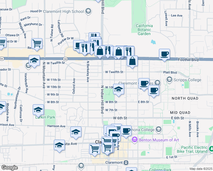map of restaurants, bars, coffee shops, grocery stores, and more near 357 West 10th Street in Claremont
