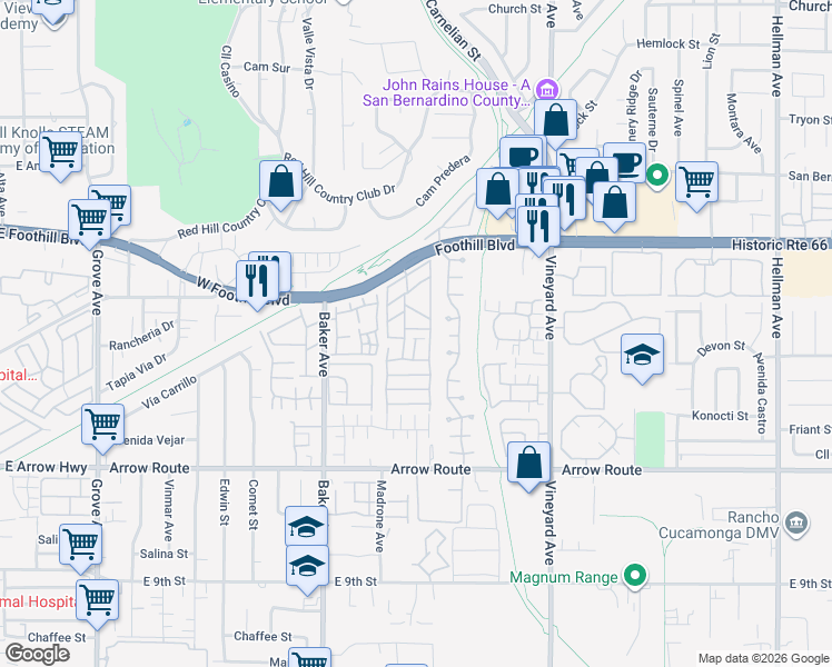 map of restaurants, bars, coffee shops, grocery stores, and more near 8715 Timberwood Court in Rancho Cucamonga