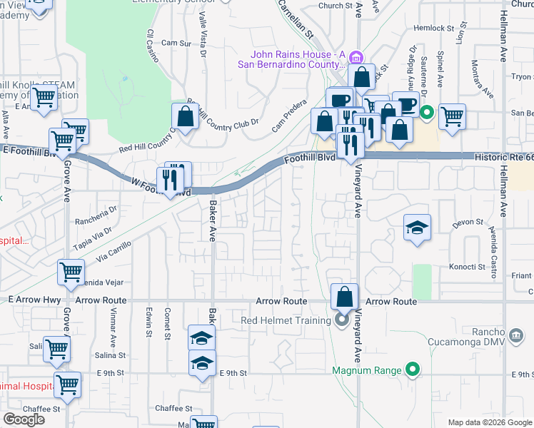 map of restaurants, bars, coffee shops, grocery stores, and more near 8715 Timberwood Court in Rancho Cucamonga