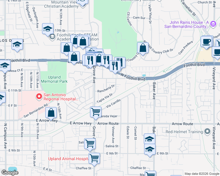 map of restaurants, bars, coffee shops, grocery stores, and more near 8248 Red Hill Country Club Drive in Rancho Cucamonga