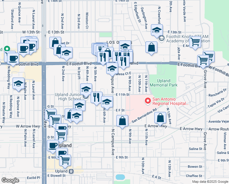 map of restaurants, bars, coffee shops, grocery stores, and more near 839 North Campus Avenue in Upland