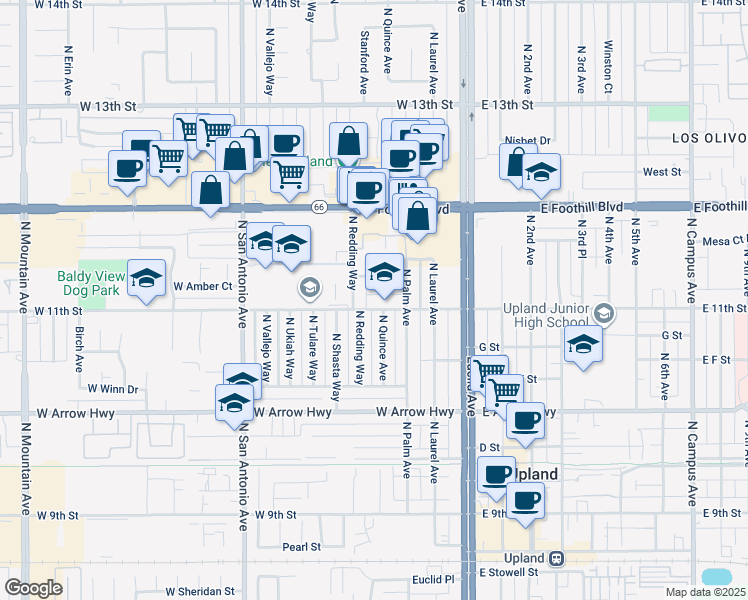 map of restaurants, bars, coffee shops, grocery stores, and more near 832 North Redding Way in Upland