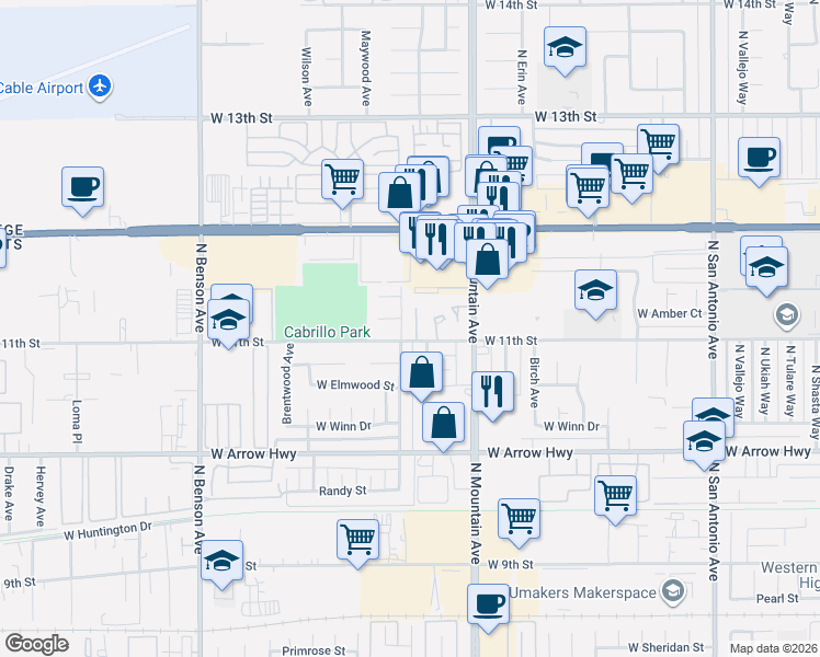 map of restaurants, bars, coffee shops, grocery stores, and more near 822 Silverwood Avenue in Upland