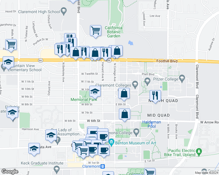 map of restaurants, bars, coffee shops, grocery stores, and more near 1041 North College Avenue in Claremont