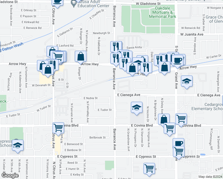 map of restaurants, bars, coffee shops, grocery stores, and more near 1335 Barranca Avenue in Covina