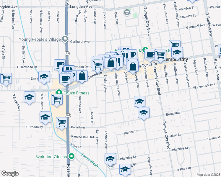 map of restaurants, bars, coffee shops, grocery stores, and more near 5809 Encinita Avenue in Temple City