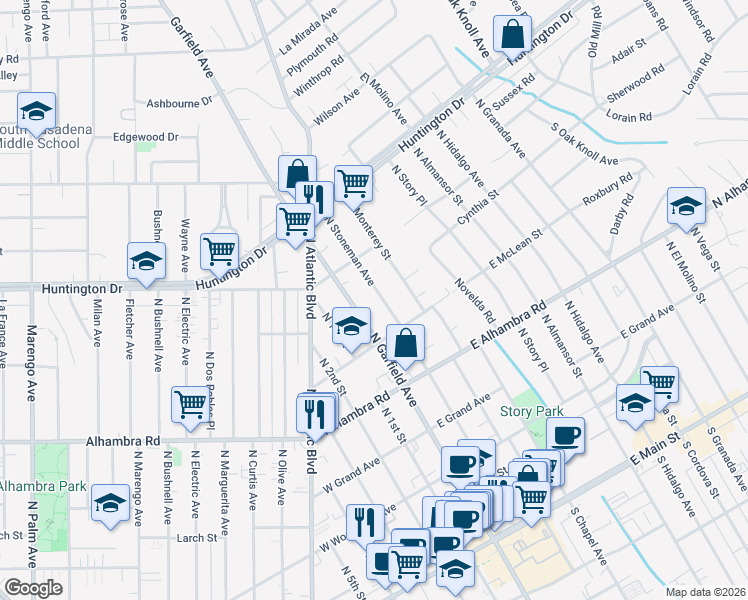 map of restaurants, bars, coffee shops, grocery stores, and more near 915 North Stoneman Avenue in Alhambra