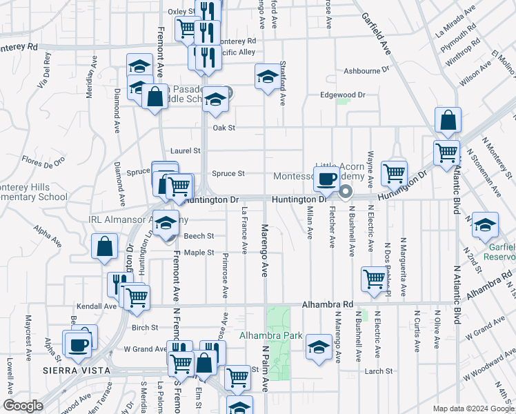 map of restaurants, bars, coffee shops, grocery stores, and more near 1637 Huntington Drive in South Pasadena