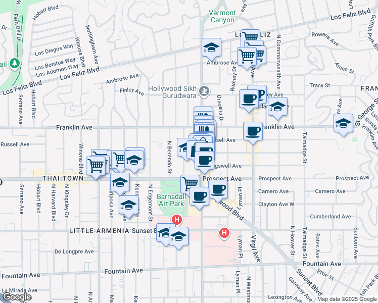 map of restaurants, bars, coffee shops, grocery stores, and more near 1818 North New Hampshire Avenue in Los Angeles