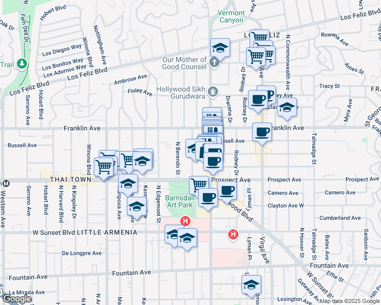 map of restaurants, bars, coffee shops, grocery stores, and more near 1818 North New Hampshire Avenue in Los Angeles