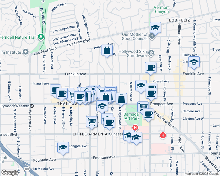 map of restaurants, bars, coffee shops, grocery stores, and more near 1815 North Kenmore Avenue in Los Angeles
