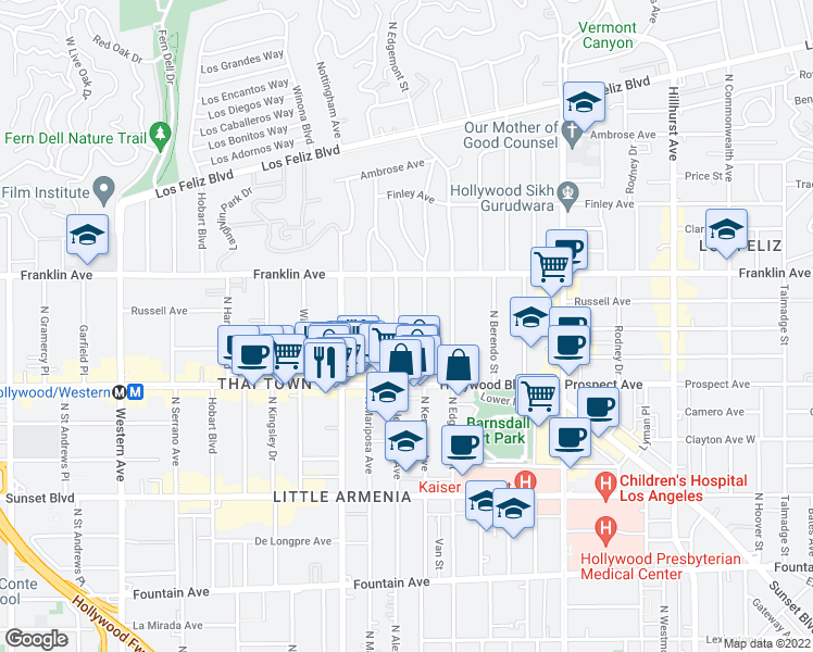 map of restaurants, bars, coffee shops, grocery stores, and more near 1815 North Kenmore Avenue in Los Angeles