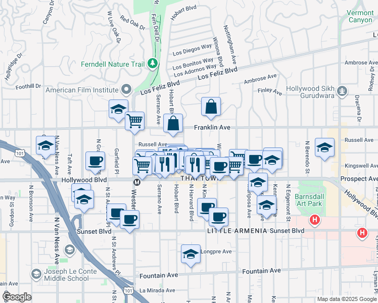 map of restaurants, bars, coffee shops, grocery stores, and more near 1818 1/2 North Harvard Boulevard in Los Angeles