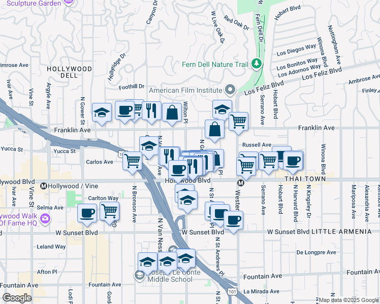 map of restaurants, bars, coffee shops, grocery stores, and more near 1821 North Wilton Place in Los Angeles