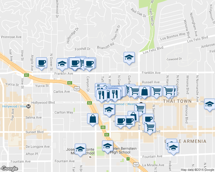 map of restaurants, bars, coffee shops, grocery stores, and more near 1821 North Wilton Place in Los Angeles